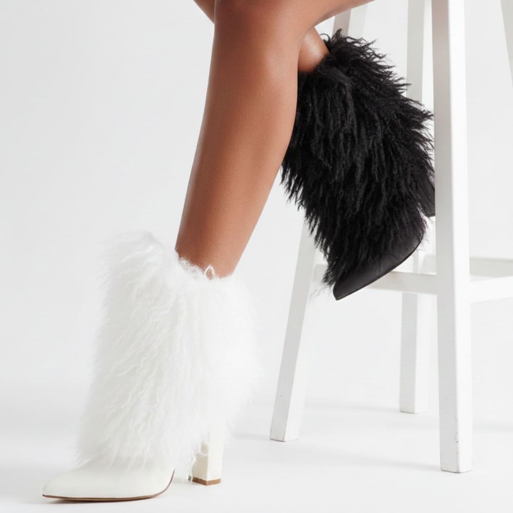 Women Mid Calf Faux Fur Chunky Block Heel Ankle Boots With Full Side Zipper