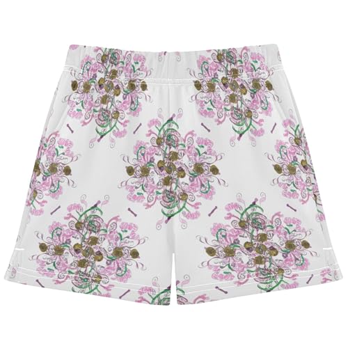 Girls Floral Print Lounge Shorts Pink Modern Athletic Shorts for Kids Teens Cute Summer Comfy Pajama Shorts, X-Small