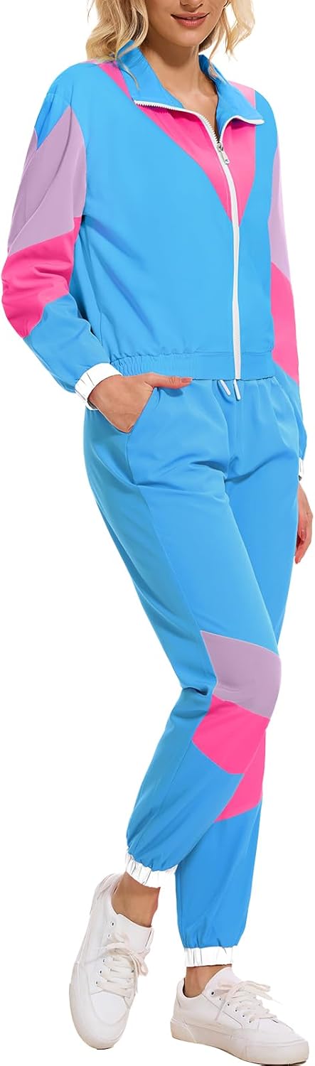 ZDT Women's Color Block 80s 90s Outfit 2 Piece Costume Zip Up Windbreaker Track Suits Set New - Image 2