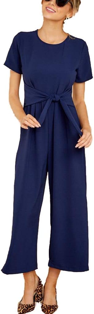 Qearal 2020 Women's Summer Casual Chiffon Short Sleeve Tie Waist Wide Leg Jumpsuits High Waisted Long Rompers