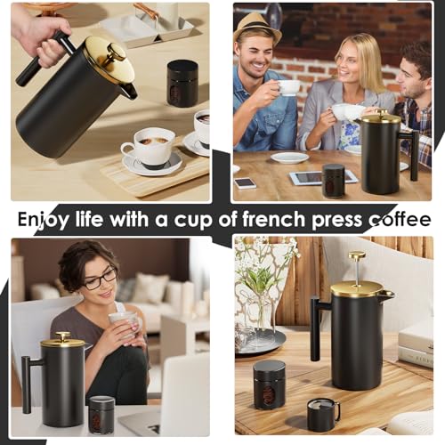French Press 1 Liter, Edelstahl Kaffeemaschine, Oppelwandige Lsolierte Kaffeefilter, Vierfache Filterung, 3 Stunden Wärmespeicherung, kaffeefilter mit 100ml Kaffeedose für Kaffeeliebhaber-Schwarz 5