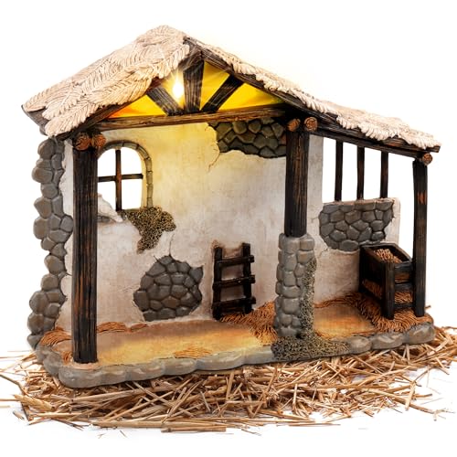 Fovths 14 Inch Decorated Nativity Stable Lighted Tabletop Ornaments with LED Lights for Christmas