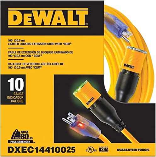 DEWALT 25 Foot Extension Cord Lighted Click-to-Lock 10/3 SJTW - Heavy Duty Outdoor Waterproof Weatherproof Heat & Corrosion Resistant Industrial Strength Light Up Three Prong Outlet Plug Power Cord