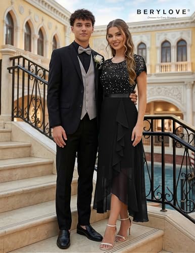 Image of BeryLove Formal Long Dresses for Women Wedding Guest Cocktail Bridesmaid | Airy Lace & Chiffon Evening Gown, Flutter Sleeve, Ideal for Mother of the Bride, Prom, Homecoming Party & Semi-Foraml Events