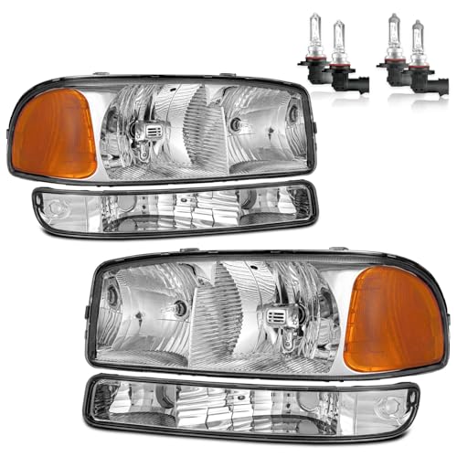 ROADEAL Headlights W/Bulbs for 1999-2007 GMC Sierra, for 2000-2006 GMC Yukon Halogen Headlamp Replacement Driver & Passenger Side