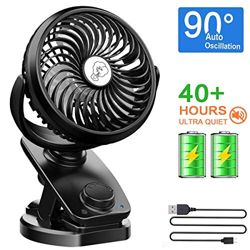 NANW Clip on Stroller Fan Battery Operated, Auto Oscillation Fan, 40 Hours Rechargeable