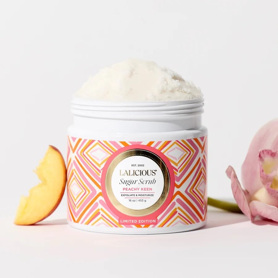 Image of LALICIOUS Peachy Keen Exfoliating & Moisturizing Body Scrub | Sugar & Coconut Oil | Pre-Shave Scrub for Ingrown Hairs & Razor Bumps | Gently Buffs & Smooths Sensitive Skin | No Parabens | Large 16oz