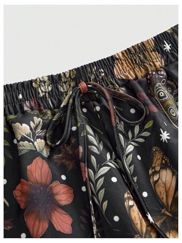 WDIRARA Women's Plus Size Butterfly Floral Print Wide Leg Pants Drawstring Waist Palazzo Pants3