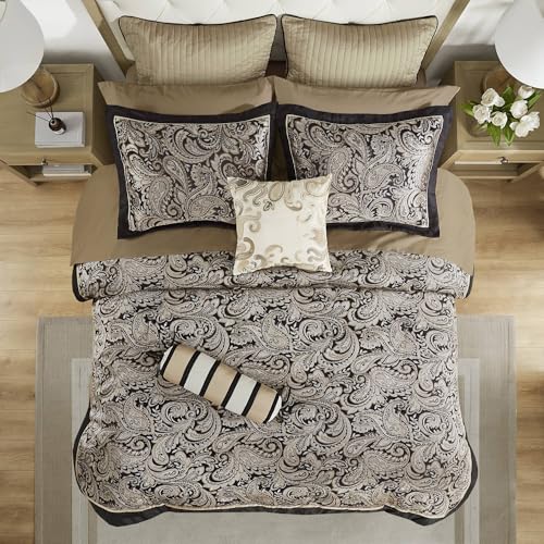 Image of Madison Park Aubrey Cozy Comforter Set, Faux Silk Jacquard Paisley Design - All Season Down Alternative Bedding with Cotton Bed Sheets, Bed Skirt & Toss Pillows, California King Black 12 Piece