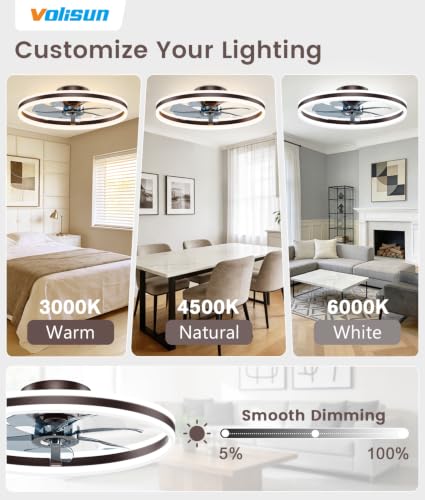 Image of VOLISUN Low Profile Ceiling Fans with Lights and Remote, 24in Flush Mount Ceiling Fans with Light, 3000K-6500K Dimmable Fandelier LED Fan Light, Brown Bladeless Ceiling Fans with Lights for Bedroom