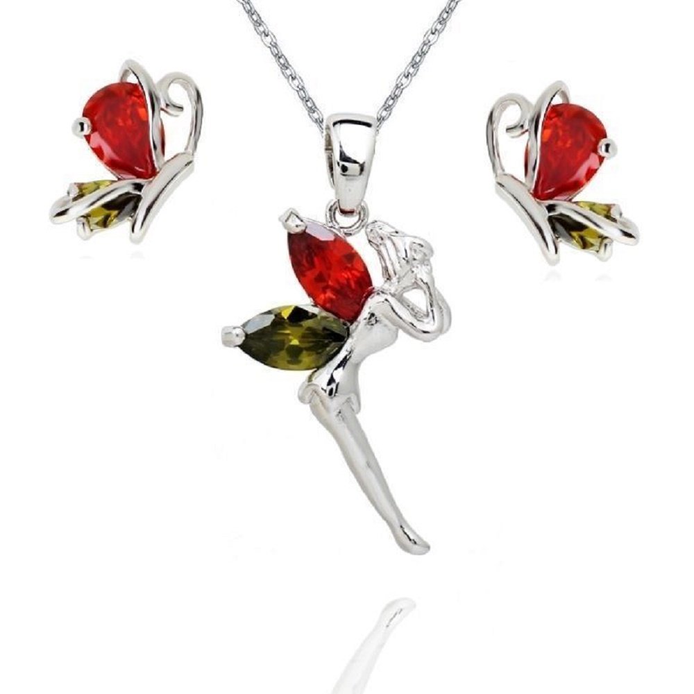 Crystalline Azuria Ensembles Fée Clochette Pendentif Collier Boucles d'Oreilles avec Cristaux de Zircone 18ct Plaqué Or Blanc Parure de Bijoux pour Femme et Fille