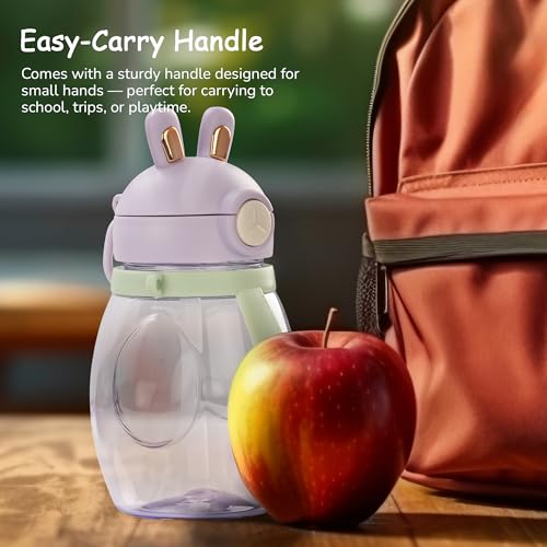 Image of Baybee Lovely Bunnies Kids Water Bottle 600ml | BPA Free & Leakproof Safe Sipper Bottle with Straw | Cute Rabbit Design Smooth Sipping with Handle & Neck Strap,Flip Lid for School Kids & Babys(Purple)