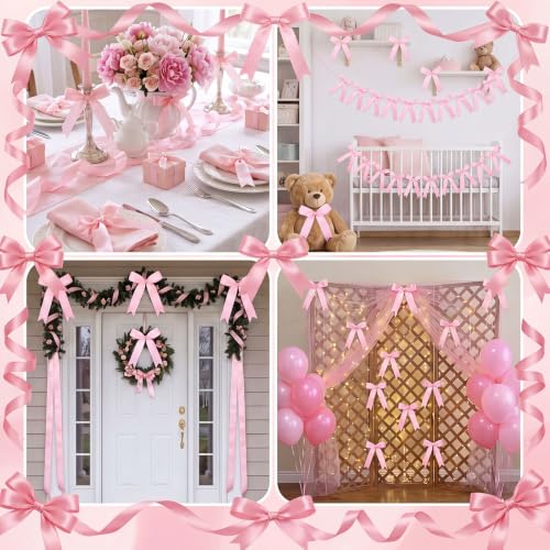 Image of 2 Pcs Pink Bow Garland Banner, Pre-Strung Pink Satin Ribbon Bow Garland Coquette Birthday Decorations for Classroom Decor Wedding Birthday Baby Shower
