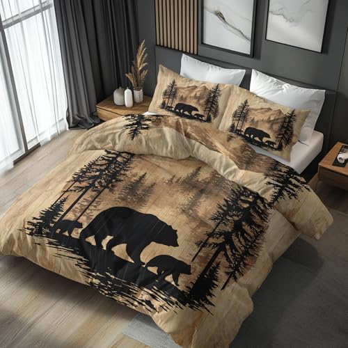 Bear Duvet Cover California King Size, Rustic Animal Forest Brown Reversible Bedding Set 3 Piece, Bear Bedroom Decor & Gift, Soft Microfiber, 2 Pillow Shams, Zipper Ties(B36)