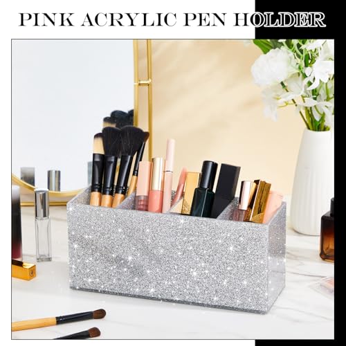 Image of Jetec Acrylic Glitter Pen Holder 4 Compartments Bling Makeup Brush Stationery Organizer Pencil Holder for Desk Accessories Sparkly Gifts for Women Birthday Valentines Desktop Workplace Office(Sliver)