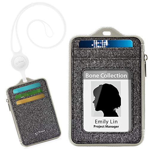 Preisvergleich Produktbild Bone Collection Ausweistasche mit Lanyard Geldbörse, Doppelseitige Kartenfächer, Vertikale Ausweishülle mit Geldfach, ID Kartenhalter mit Reißverschluss, Abnehmbar Lanyard Ausweishalter - Grau-Weiß