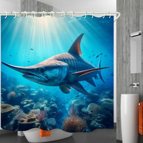 Image of LYFANS Bathroom Using Undersea Swordfish 3D Shower Curtains, Luxury Bathtub Standard Shower Curtain, Waterproof and Bright Fabric Shower Curtain, Size (72x72 Inches)