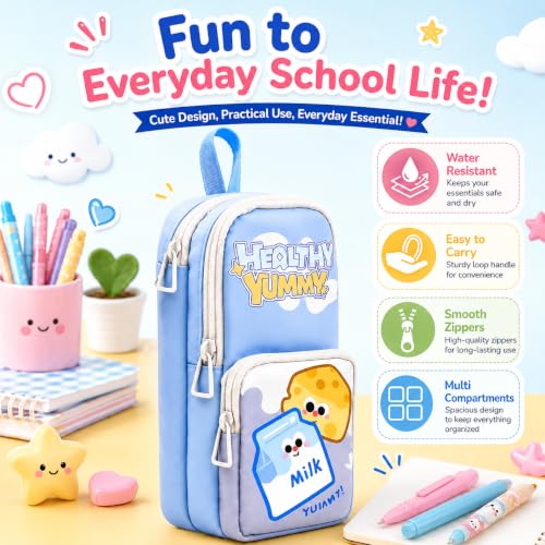 Image of Alokik 3 Compartment Pencil Pouch for Kids, Cute Milk & Cheese Cartoon Pencil Case with Multiple Zipper Compartments, Water-Resistant Stationery Organizer for Boys & Girls (Healthy Yummy Pouch)