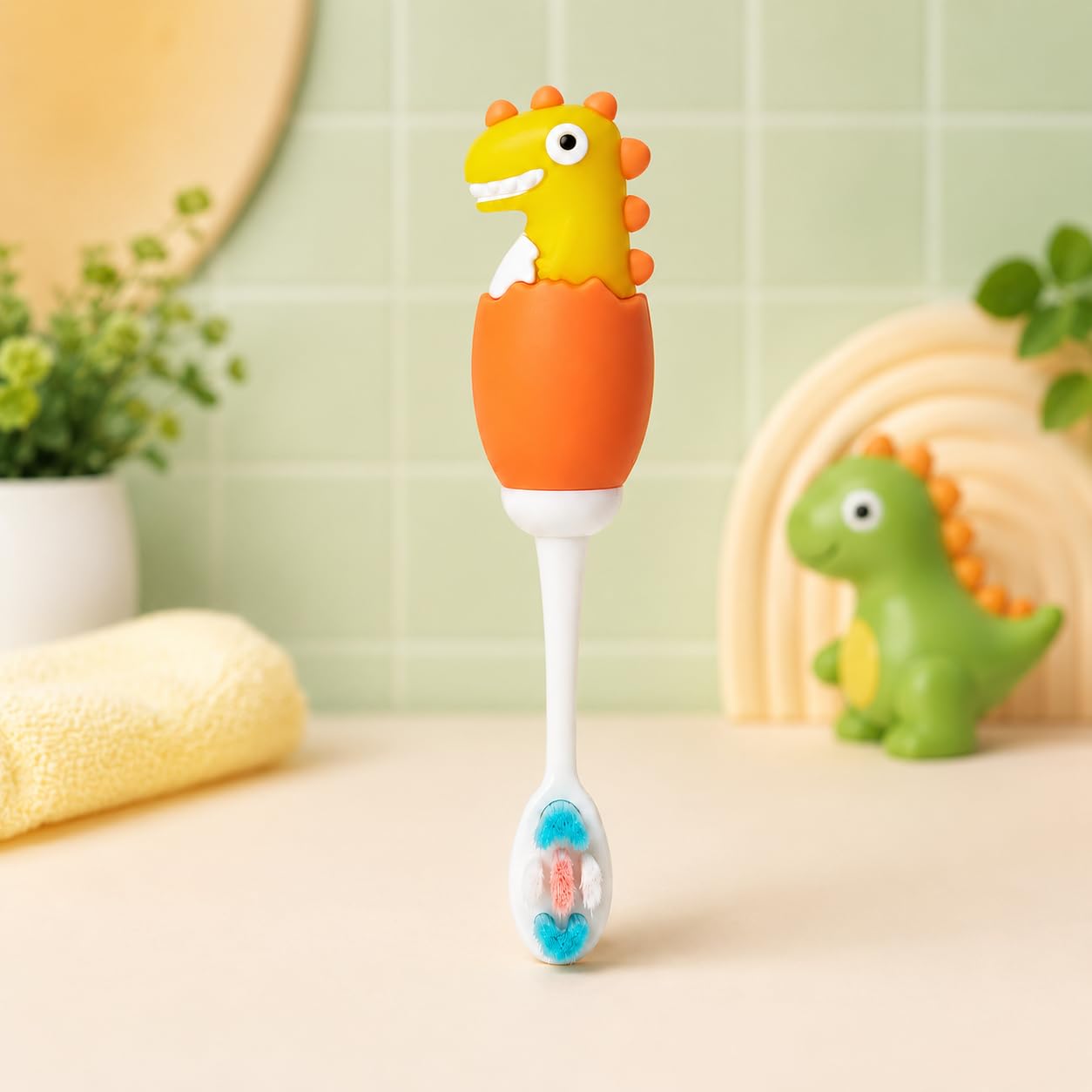 tinsy kids dinosaur toothbrush set with travel case | ultra soft bristles for toddlers & kids | bpa-free, gentle on sensitive gums, easy-grip handle (apricot orange, 1 piece)