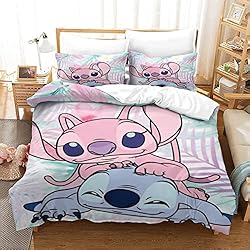 Fundas Para Colchas Lilo & Stitch Juego De Funda Nórdica Dibujos Animados para Niños Juego De Ropa De Cama De 2 Piezas Juego De Colcha Funda De Edredón Suave Y Acogedora para Niños (135X200cm)