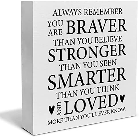 Encouraging Decorative Wooden Box Sign Always Remember You are Braver Than You Believe Wood Block Plaque Decor Home Office Desk Shelf or Wall Display