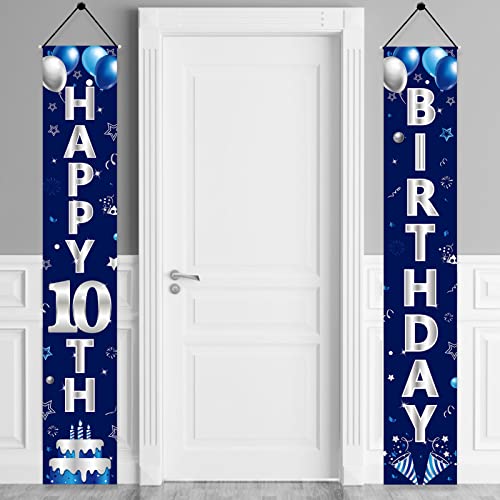 Turypaty Blue Silver 10th Birthday Door Banner Decorations, Happy 10 Birthday Party Porch Banner Supplies for Boys, Sweet 10 Year Old Birthday Party Supplies