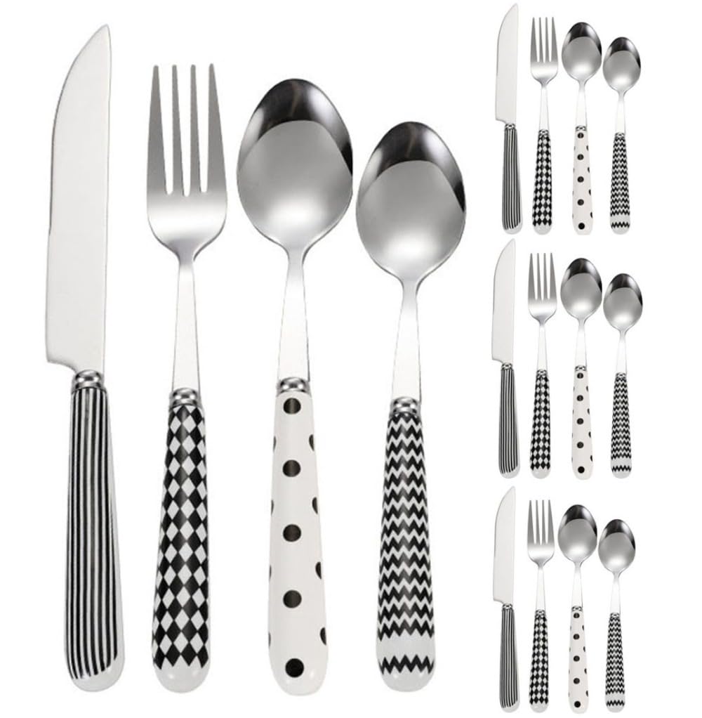 Romantic LOVE Ceramic Handle Stainless Steel Silverware Tableware Flatware Cutlery Set Steak Knife Fork Spoon Teaspoon (blend,16PCS)