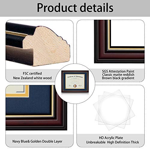 Image of ELSKER&HOME Diploma Frame - Classic Cherry Wood Color Wide Frame - ONLY Fits 11x14 Document /Certificate - Acrylic Plate - Table Top or Wall Mount Display (Double Mat, Navy Mat with Golden Rim) | Document Frames 11x14 with Mat or Certificate 15x18 without Mat Table Top or Wall Mount (Navy Mat with Golden Rim)
