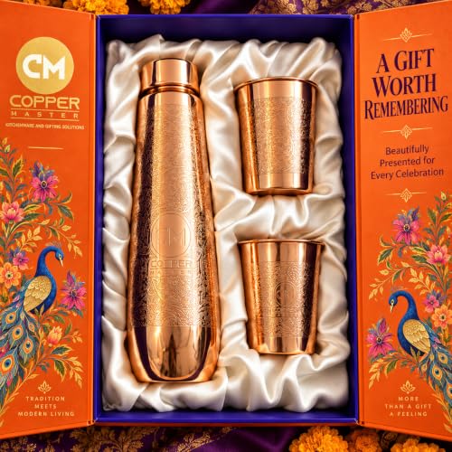 Image of Copper-Master Pure Copper Water Bottle 1L & 2 Glasses Set, Polo Etched