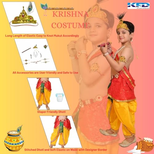 Image of Kaku Fancy Dresses Krishna Costume With Dhoti For Boy /Janmashtami /Bal Gopal Dress /Kanha Costume /Bal Krishna /Mythological Costume For Boy - Yellow-Red, 1-2 Years
