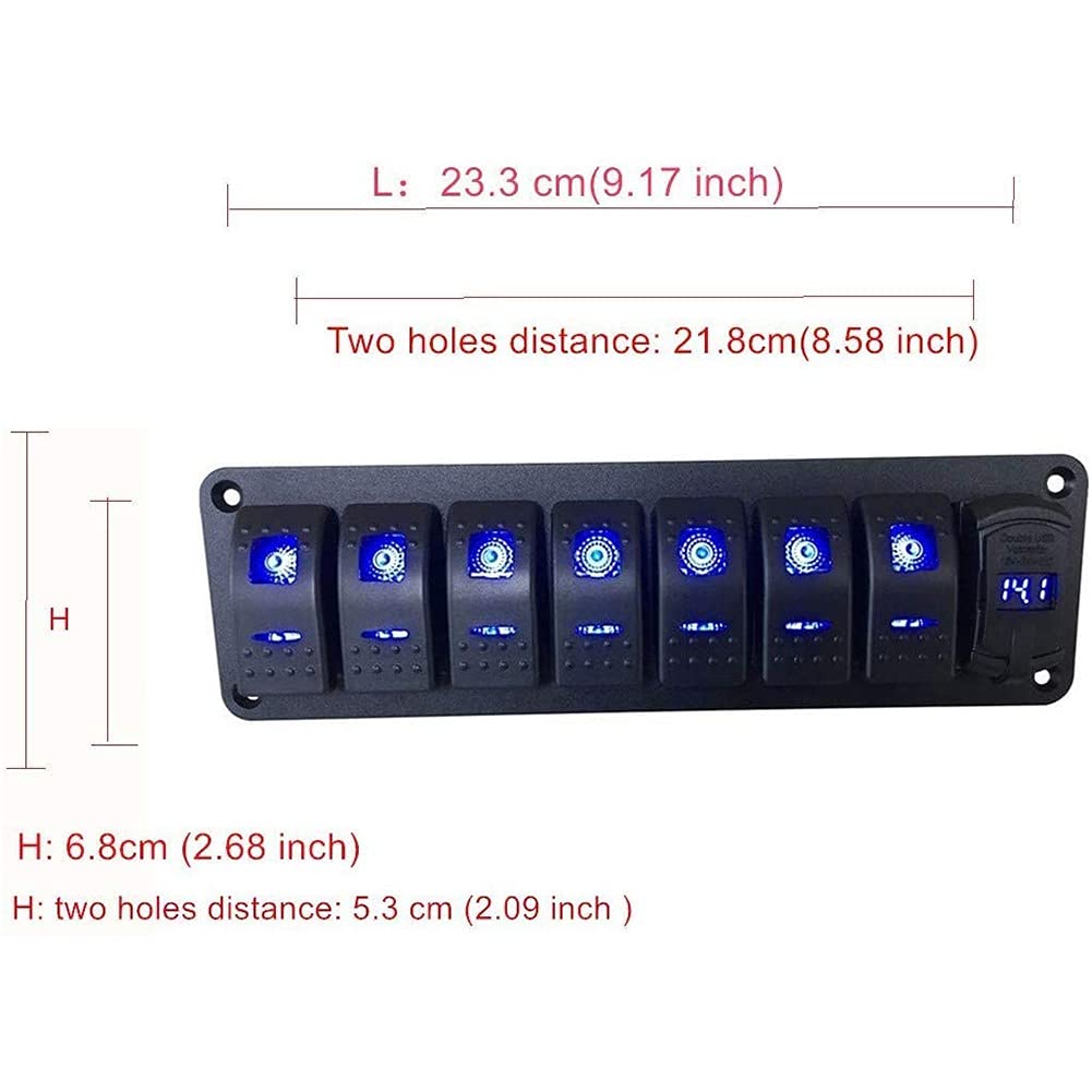 Bostar Panel de Interruptor de 8 Entradas con 2 Cargador USB Súper Rápido 4.8A, Interruptor Basculante Marino para Barco y Coche 12V-24V,8 Gang Panel de Interruptores Basculantes