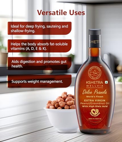 Image of Kshetra Wellvia Extra Virgin Groundnut /Peanut Oil 1L Bottle | Dolce Peanola| High Oleic Cold-Pressed Oil for Heart Health | Rich in MUFA & Vitamin E