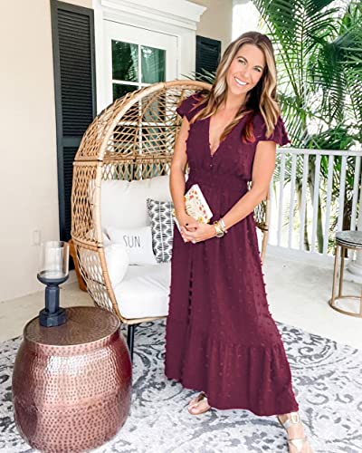 Image of PRETTYGARDEN Womens Dresses 2026 Summer Maxi Dress Boho Short Sleeve V Neck Swiss Dot Ruffle Tiered Smocked Flowy Long Dress