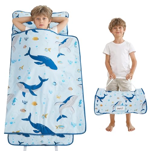 Image of Viviland Toddler Kid Nap Mat for Preschool, Boys Blue Ocean Whale Slumber Bag, Daycare Sleeping Bag with Pillow and Blanket, Kindergarten Sleep Mat