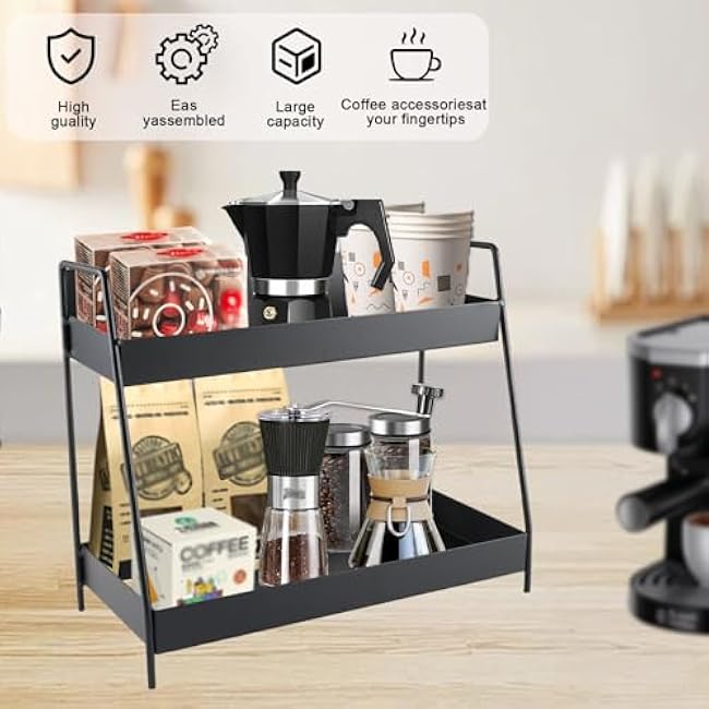 Countertop Coffee Bar Organizer,2 Tier Metal Coffee Pod Holder with Handles,Tea Bag Condiment Snack Organizer,Mug Holder for Kitchen,Bathroom,Office,Black