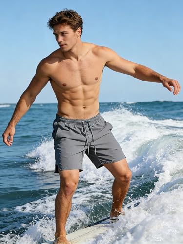Image of Men's Swim Trunks with Compression Liner, Quick Dry Hawaiian Swimwear Bathing Suit Drawstring Board Shorts