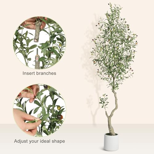 GarveeHome Faux Olive Tree 7ft, Olive Trees Artificial Indoor with White Planter, Artificial Silk Plants with Green Leaves and Big Fruits for Home Office DéCor Living Room Bedroom Stairs Foyer,2 Pack