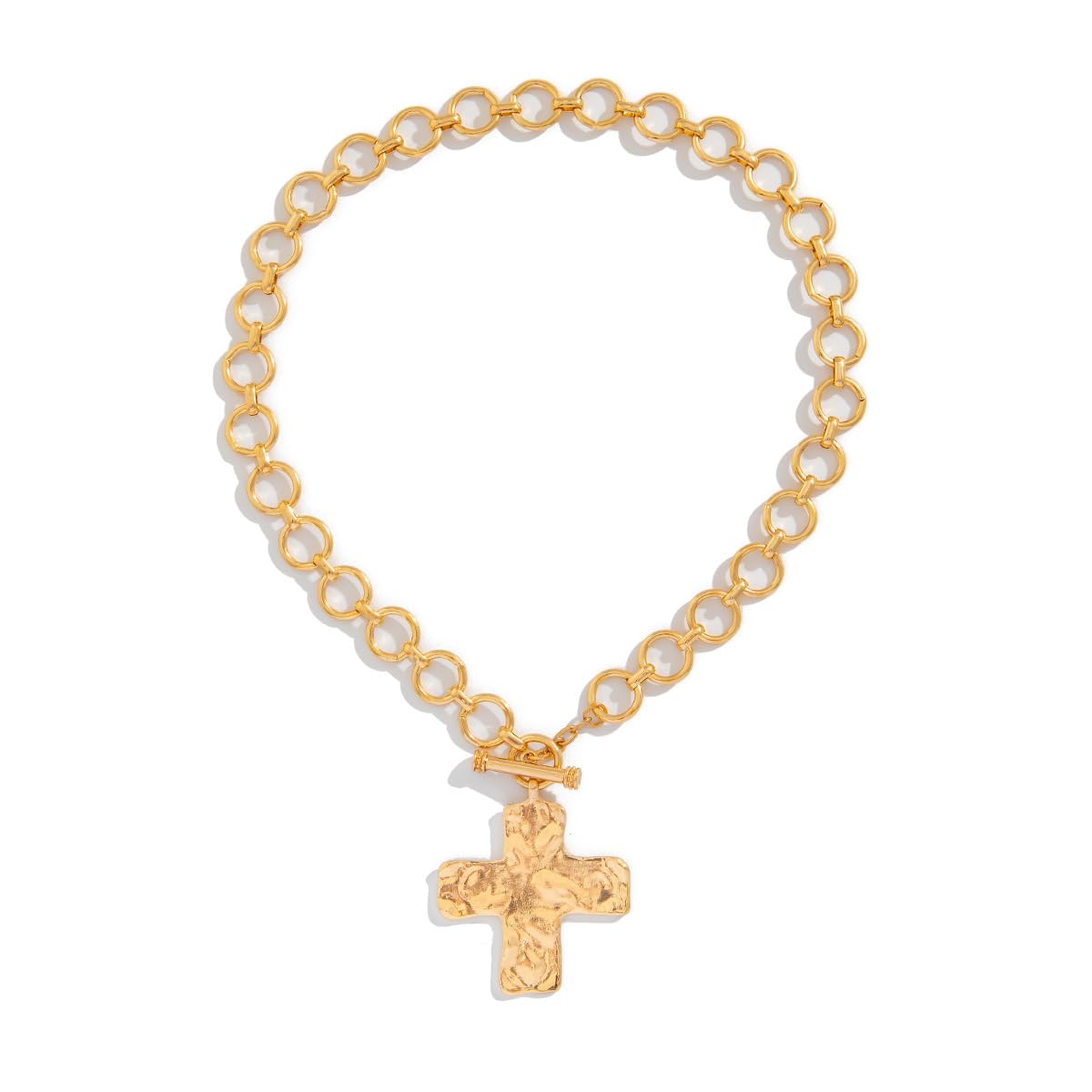 ZMANYIJEW Big Cross Necklace Chunky Statement Gold Cross Pendant Necklace Bold Hammered Cross Necklace Thick OT Buckle Chain Chunky Gold Statement