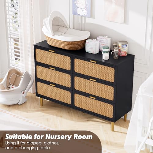GarveeHome Rattan 6 Drawer Dresser for Bedroom, Large Double Dresser with Deep Drawers, Long Wooden Chest of Drawers for Closet with Wide Top, for Living Room, Hallway, Kids Room, Black