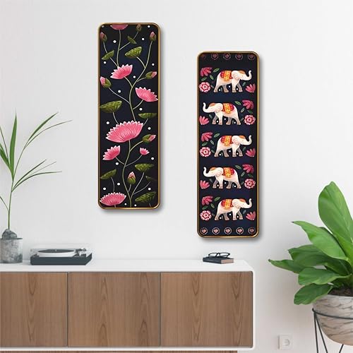 Image of Livin'luxe Lotus & Elephant Set of 2 Vertical MDF Wall Panels | Premium Sparkle Lamination Finish | Artistic Floral & Animal Print Wall Decor for Living Room & Bedroom 20 Inch x 30 Inch