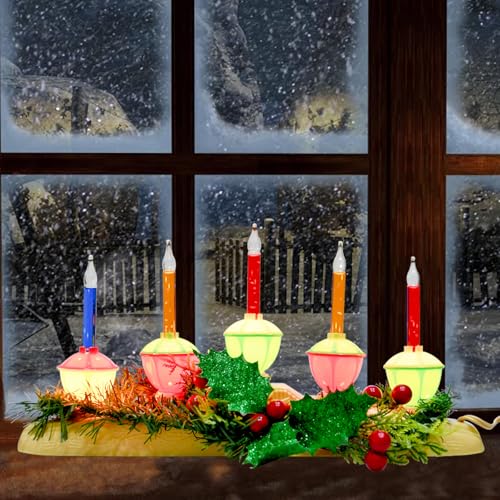 Electric Window Candle Lamp - 5 Light Christmas Candles with Multicolor Bubble Lights and Ivory Base, Plug-in Electric Candles for Indoor Holiday Party Home Decor