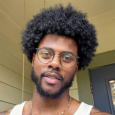 Queentas Short Black Kinky Afro Wig for Black Men Curly Afro Wigs Natural Synthetic Curly Cosplay Costume Daily Use Wigs For Fathers Days Gifts #1B Cover