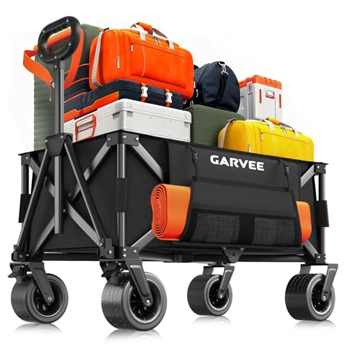 GarveeLife XXL Bollerwagen Faltbar 200kg Belastbar & 200L Volumen Handwagen mit Bremsen & 20cm Offroad-Rädern Klappbarer Transportwagen mit Seitentaschen für Strand Camping & Garten Schwarz