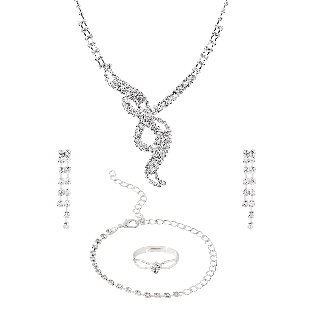 Yellow Chimes Jewellery Set For Women Silver Toned Crystal Necklace Set With Earring Ring and Bracelet For Women and Girls (B0BD5ZG4M8) Amazon Price History, Amazon Price Tracker