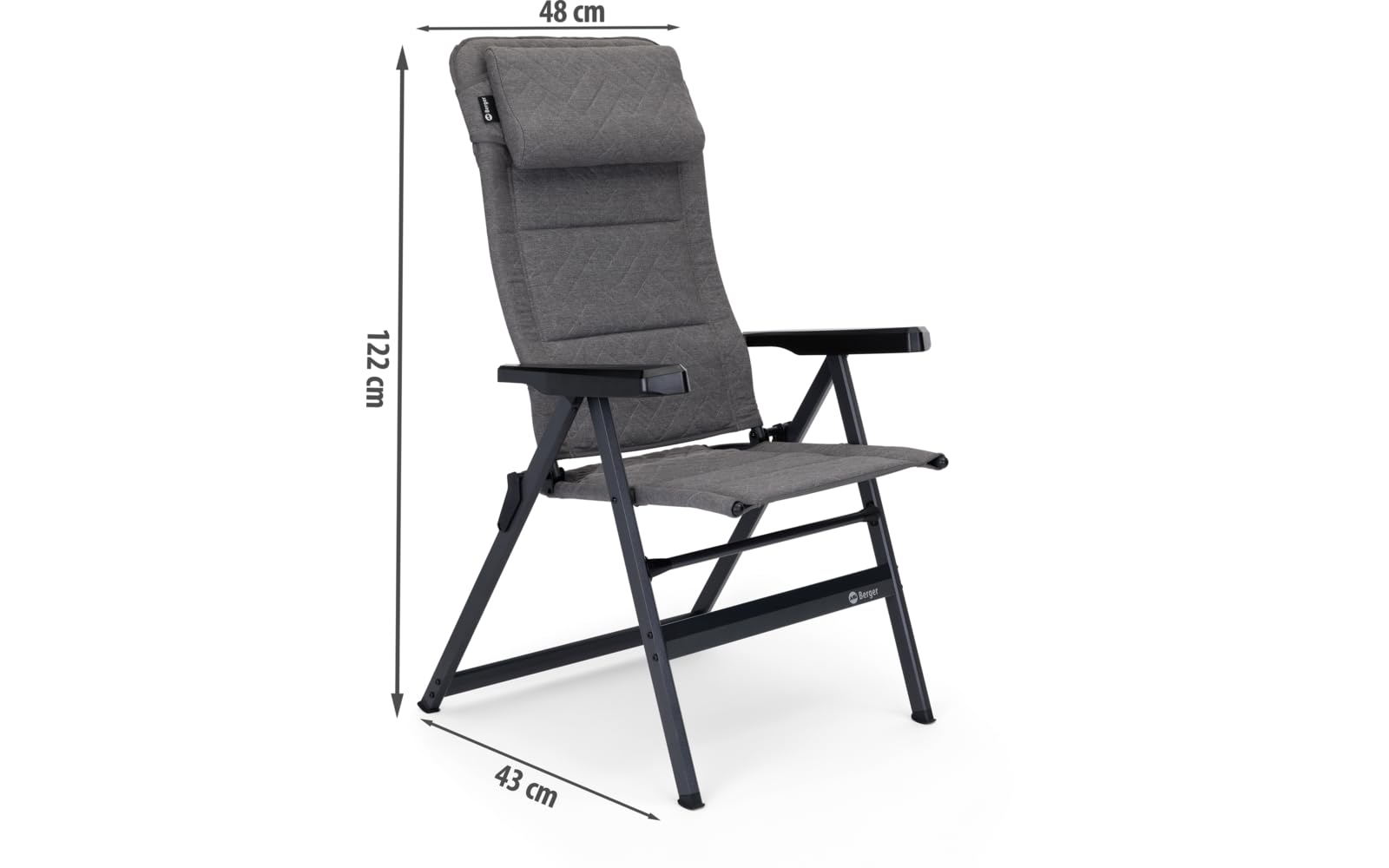 BERGER Dakar Campingstuhl klappbar | Gartenstuhl Hochlehner 7-Fach verstellbar mit Armlehnen und gepolsterter DDY-Bezug & Kopfpolster | Camping Klappstuhl belastbar bis 120 kg | Anthrazit
