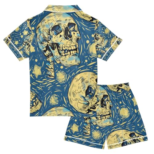 senya Skeleton Face Satin Summer Pajama Sets Silk Short Sleeve Button Down Sleepwear2