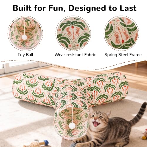 Image of Tempcore Cat Tunnel, 3-Way Collapsible Toy, Large Size Khaki Coconut Tree | Large Size 3-Way Cat Tunnel Provides More Room for Cats to Run, Hide and Chase, with Peek Holes, Hanging Ball and Teaser Wand