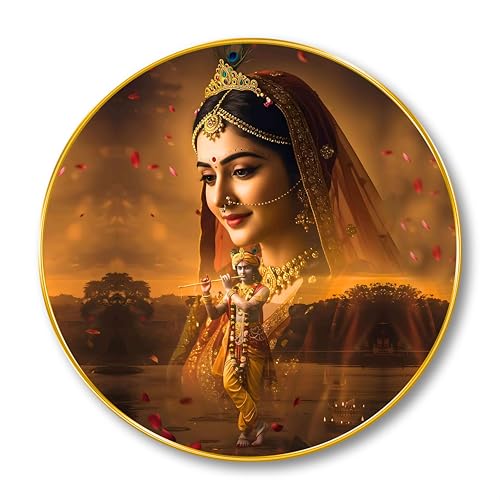 Image of SAF Radha Krishna Divine Aura Wall Painting - Spiritual Couple Artwork in Round Golden Frame | Eternal Love & Harmony Decor for Living Room, Bedroom, Pooja Room & Gifting (20 X 20 Inch) GRL-295