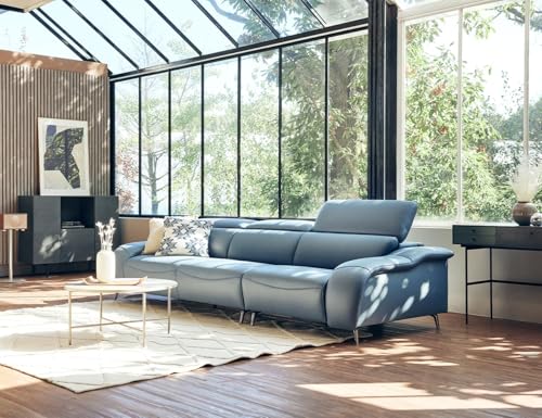 Image of Fabrique Alusia 4 Seater Blue Leatherette Sofa Set with Puffy & Movable Headrest | Modern Comfortable Design for Living Room & Office | Easy to Move | Stainless Steel Legs