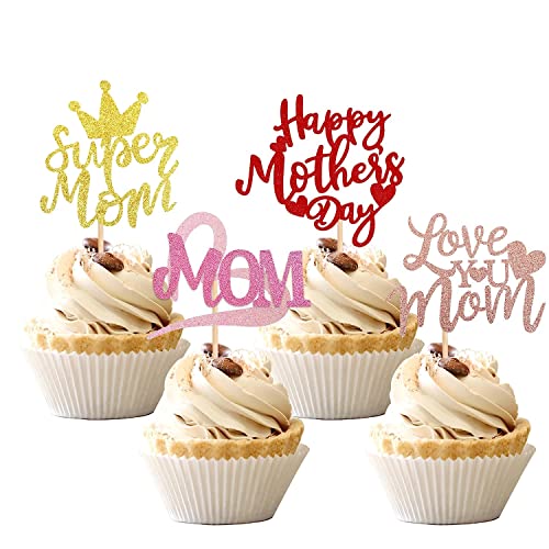 24 adornos para cupcakes, diseño de corazón con purpurina para mamá, decoración de tartas, decoración para tartas, decoración para el día de la madre, tartas, accesorios de colores